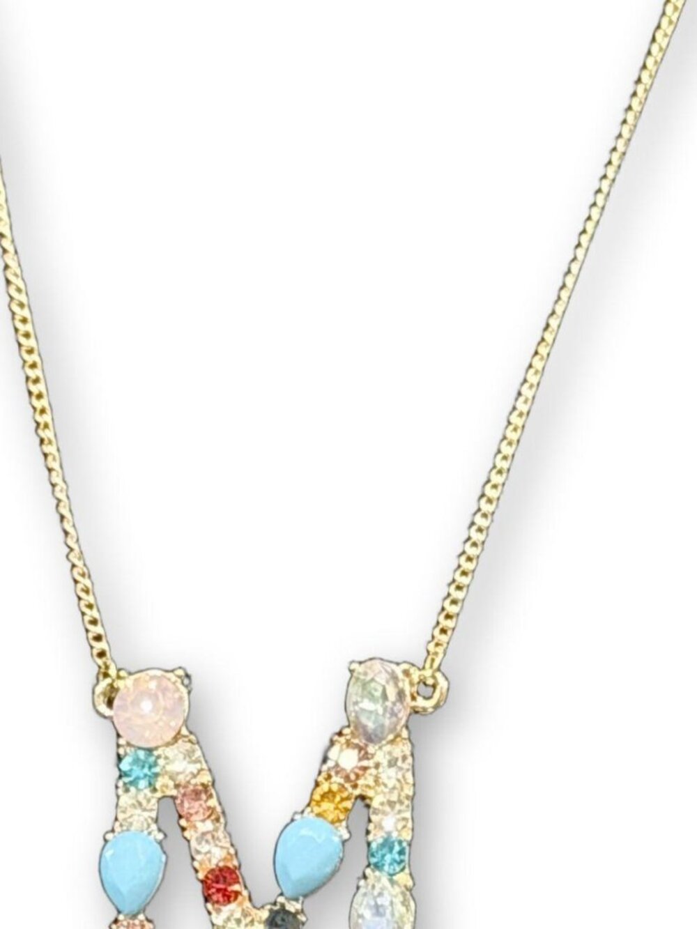 Gold Initial M Pendant Necklace Rhinestones